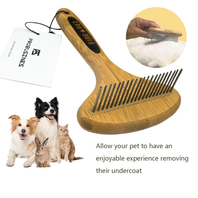 PROBUSINES-Bamboo Pet Brush, Dog Dehairing Rake - Knot Detangling For Dogs, Cats, Any Long-Haired Pet Breed - Undercoat Rake For Shedding And Gooming