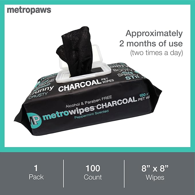 MetroPaws Peppermint Scented Charcoal Dog Wipes, 100 Extra Large & Thick Cleaning Wipes Ideal for Cats and Dogs, for Paws, Butt, Ears and Eyes