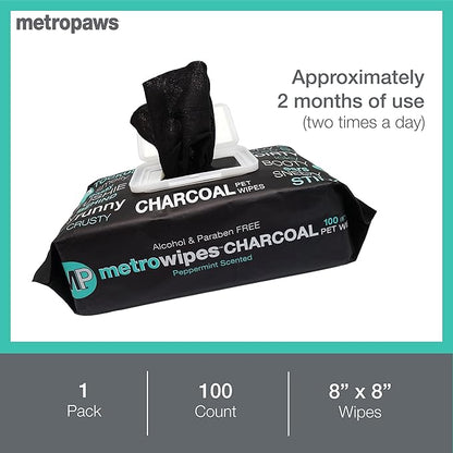 MetroPaws Peppermint Scented Charcoal Dog Wipes, 100 Extra Large & Thick Cleaning Wipes Ideal for Cats and Dogs, for Paws, Butt, Ears and Eyes