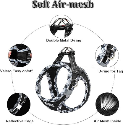 Mercano Soft Mesh Dog Harness and Leash Set, No-Chock Step-in Reflective Breathable Lightweight Easy Walk Escape Proof Vest Harnesses with Safety Buckle for Small Medium Dogs, Cats (Black White, XXS)