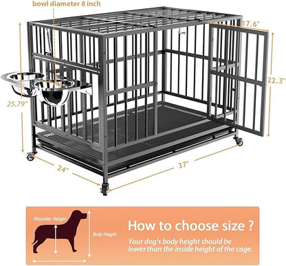 LOVMOR 37" Heavy Duty Dog Crate with Wheels/Unique Air Lift Rod / 360° & Adjustable 2 Bowls, Extra Small Dog Crate