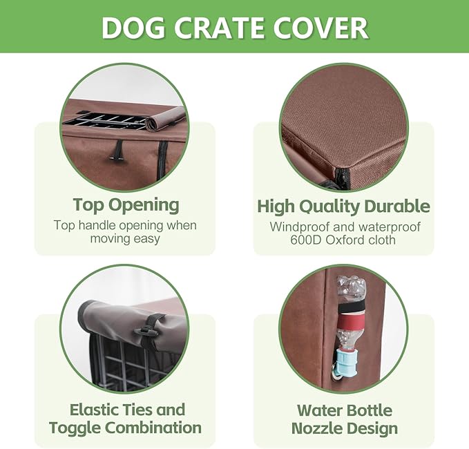 Dog Crate Cover 42 Inch - Waterproof Kennel Cover with Top Window, 600D Oxford Fabric Dog Cage Cover Fit for Most Double Door Wire Crate, Unique Drinking Hole Design, Brown (Cover Only)