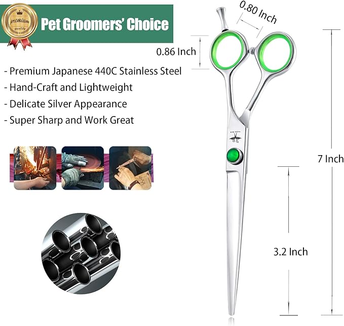 PURPLEBIRD 7 Inch Straight Dog Grooming Scissors Professional Pet Cutting Shears Safety Noiseless Blunt Tip Trimming Shearing for Dogs Cats Japanese Stainless Steel Silver