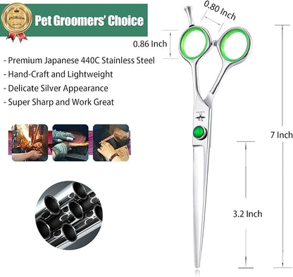 PURPLEBIRD 7 Inch Straight Dog Grooming Scissors Professional Pet Cutting Shears Safety Noiseless Blunt Tip Trimming Shearing for Dogs Cats Japanese Stainless Steel Silver