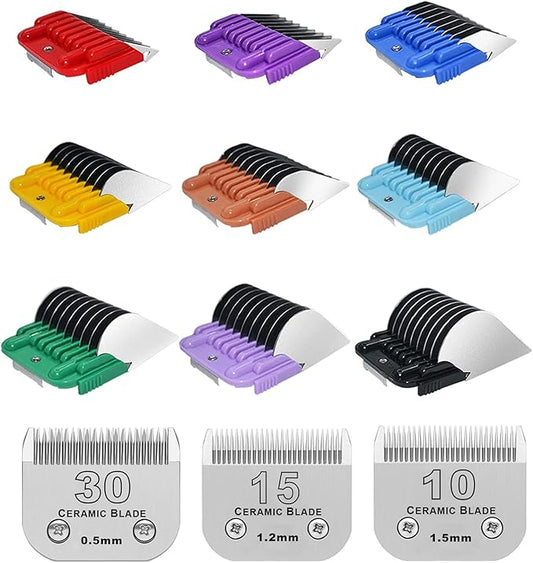 Professional Animal Stainless Steel Attachment 9 Color Guide Comb Set with Size #10/15/30 Detachable Dog Grooming Blade,Compatible with Andis, Oster A5, Wahl KM10 Series Clipper