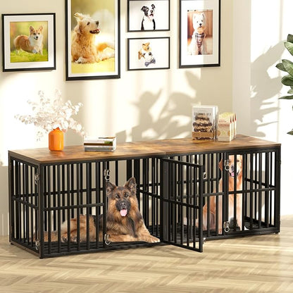 Dog Crate Furniture for 2 Dogs, 76” Wooden Dog Kennel with Divider, XXL Double Dog Crate Furniture Large Breed with 4 Doors, Dog Cage End Table Indoor for Large & Medium Dogs, Black