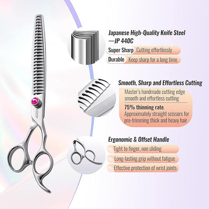 Chunkers Dog Grooming Scissors 7.5 in Professional Thinning Shears for Dogs Pet Grooming Scissors Chunkers Shears Dog Grooming Japan 440C 70% Thinning Rate 24 Teeth(7.5'',Chunkers)