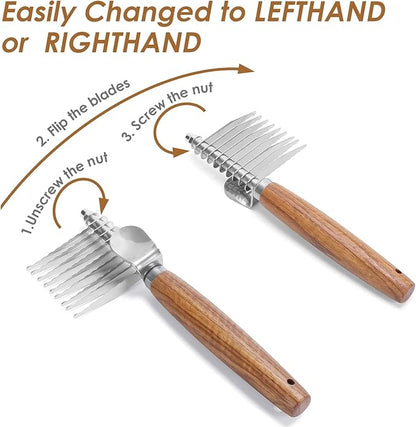 Dog Dematting Comb with Wooden Handle & Detangling Brush - Stainless Steel Undercoat Rake for Long & Thick Haired Dogs & Cats, Professional Grooming Tool for Deshedding and Matted Fur Removal