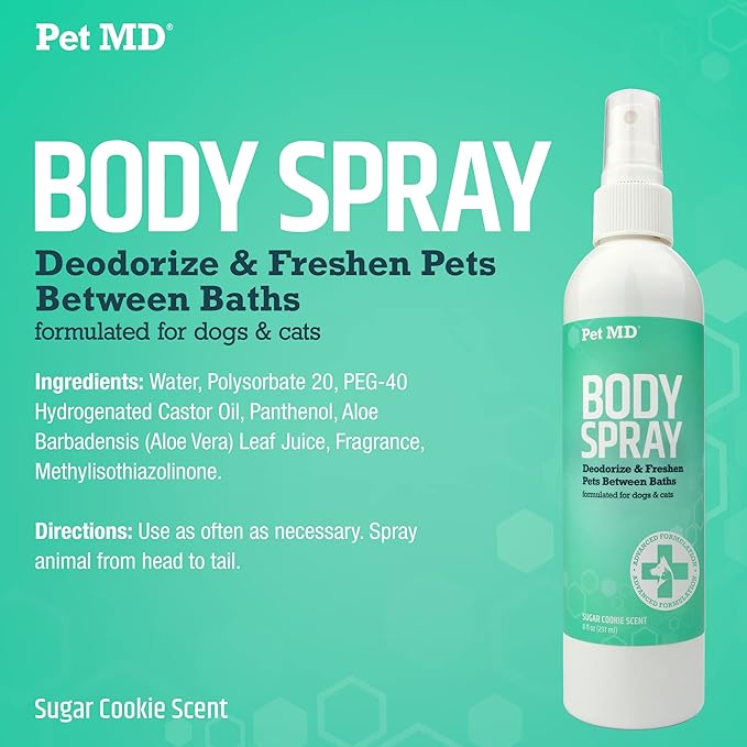 Pet MD Body Spray for Dogs & Cats - Deodorizing Dog Perfume Reduces Static & Eliminates Odor - Long-Lasting Pet Cologne Spray for Dogs - Sugar Cookie Scent - 8 oz