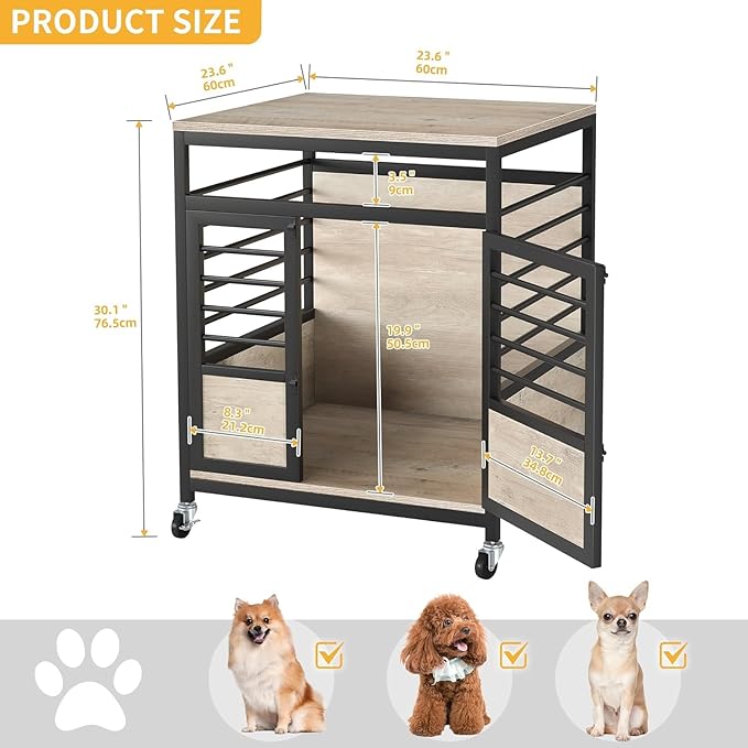 DWVO Dog Crate Furniture, 23.6 Inch Dog Kennel Indoor Furniture End Table for Small Dogs, Modern Decorative Cage Wooden Dogs Crate Furniture with Wheels, Chew-Resistant, Grey