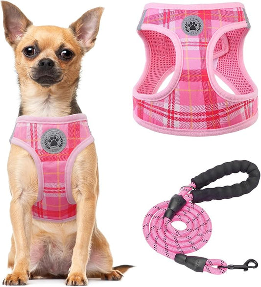 BEAUTYZOO Small Dog Harness and Leash Set, Step in No Chock No Pull Soft Mesh Dog Harnesses Reflective for Small Medium Puppy Dogs and Cats, Plaid Dog Vest Harness for S M Pets, Light Pink XS