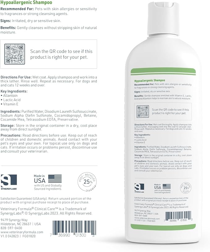Veterinary Formula Clinical Care Hypoallergenic Shampoo for Dogs and Cats, 16 oz – No Harsh Ingredients – Fragrance-Free Pet Shampoo for Allergies and Sensitive Skin, Promotes Healthy Skin and Coat