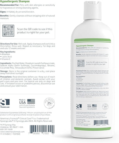 Veterinary Formula Clinical Care Hypoallergenic Shampoo for Dogs and Cats, 16 oz – No Harsh Ingredients – Fragrance-Free Pet Shampoo for Allergies and Sensitive Skin, Promotes Healthy Skin and Coat