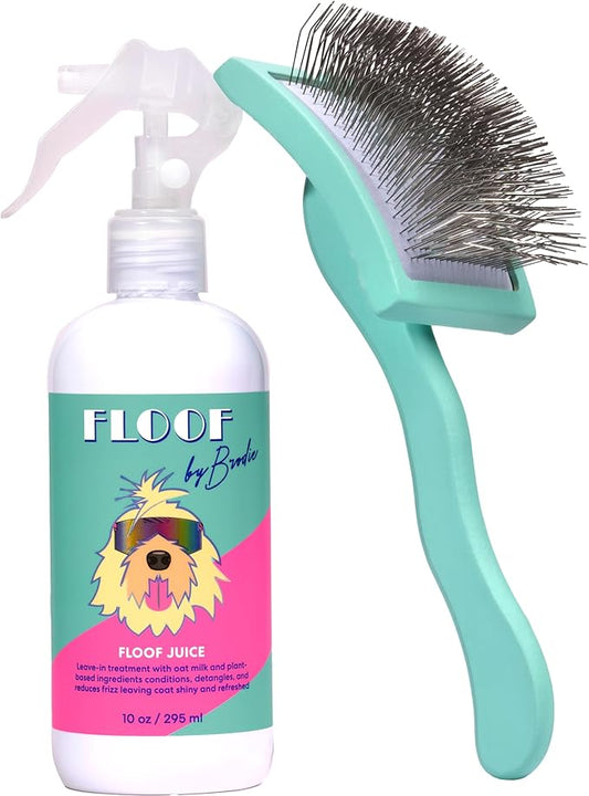 Floof Style Duo - Floof Juice and Brodie Brush - Dog Slicker Grooming Wire Brush and Conditioner and Detangler Kit Gift Set for All Coat Types; Ideal for Long Haired Dogs