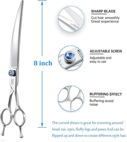 JASON 8" Curved Dog Grooming Scissors Ergonomic Pets Cats Trimming Shears with Offset Handle and a Jewelled Screw for Right Handed Groomers Long Sharp Comfortable