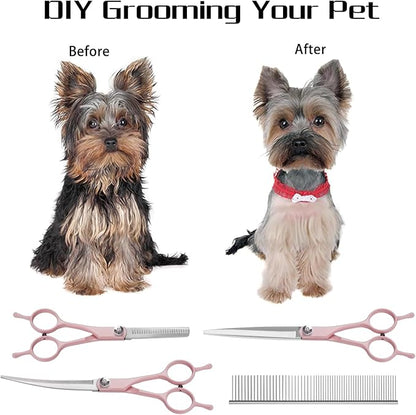 Professional Dog Grooming Scissors Set, 5 in 1 Dog Grooming Scissors Kit, Curved Dog Scissors Pet Thinning Shears, Pet Grooming Supplies, Pink