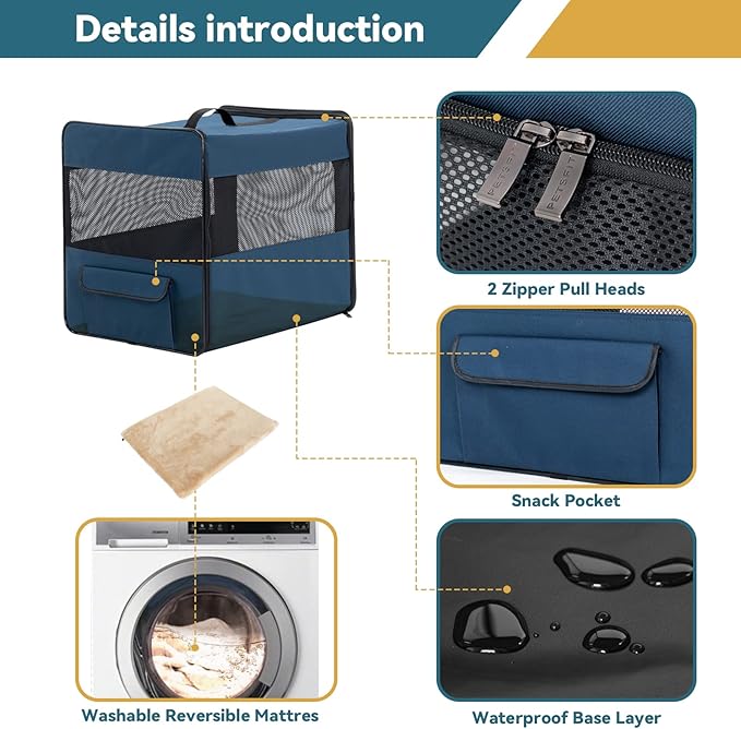PETSFIT Soft Sided Dog Crate, Portable Dog Crate - 24 Inch with Thicken Mat, Easy to Fold, Sturdy and Portable, Perfect for Traveling, Collapsible Dog Kennel Navy Blue