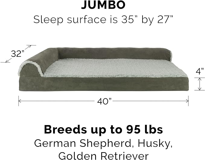 Furhaven Memory Foam Dog Bed for Large Dogs w/ Removable Bolsters & Washable Cover, For Dogs Up to 95 lbs - Two-Tone Plush Faux Fur & Suede L Shaped Chaise - Dark Sage, Jumbo/XL