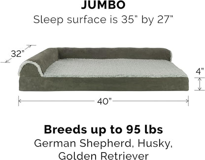 Furhaven Memory Foam Dog Bed for Large Dogs w/ Removable Bolsters & Washable Cover, For Dogs Up to 95 lbs - Two-Tone Plush Faux Fur & Suede L Shaped Chaise - Dark Sage, Jumbo/XL
