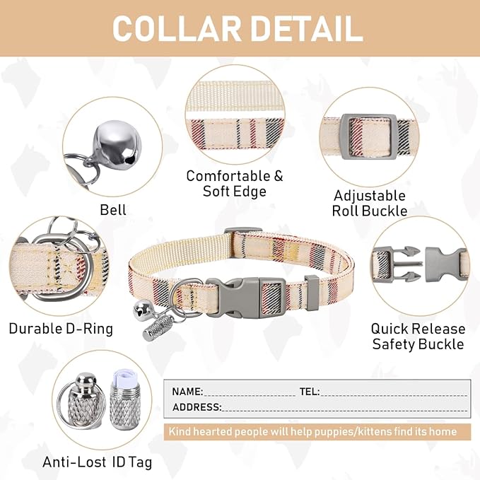 GAMUDA Dog Harness, Collar and Seat Belt Set, Vehicle Safety Harness, Retractable Adjustable Pet Seatbelts with Travel Strap and Carabiner for Most Cars (Beige, XXS)
