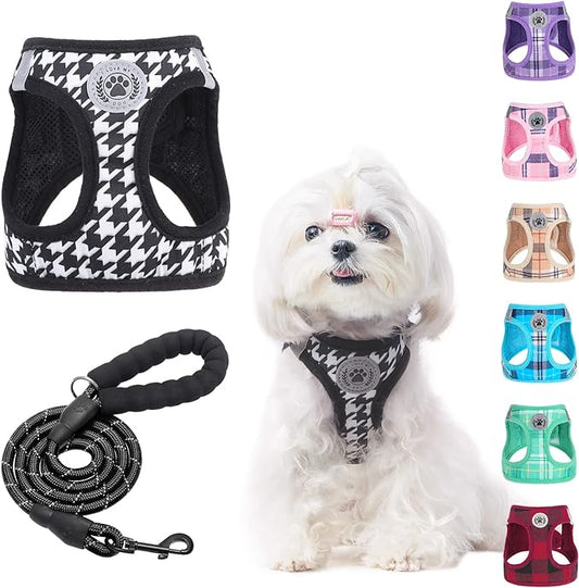BEAUTYZOO Small Dog Harness and Leash Set,Step in No Chock No Pull Soft Mesh Dog Harnesses Reflective for Extra-Small/Small Medium Puppy Dogs and Cats, Plaid Dog Vest Harness for XS S Pets, Black S