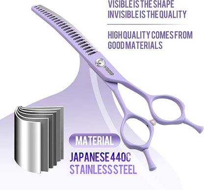 Curved Chunkers Dog Grooming Scissors 7.5" Macarone Series Professional Pet Grooming Shears for Large Dogs Pets Japan 440C Stainless Steel Sharp & Durable(Purple, 30Teeth Curved Thinners)