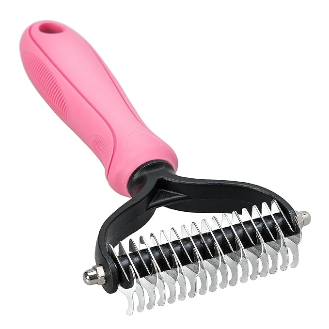 Undercoat Rake for Dogs, 2 Side Undercoat Brush for Deshedding and Dematting for Dog Cat Rabbit, Professional Pet Grooming HairTools, Removes Loose Undercoat and Nasty Shedding, Pink