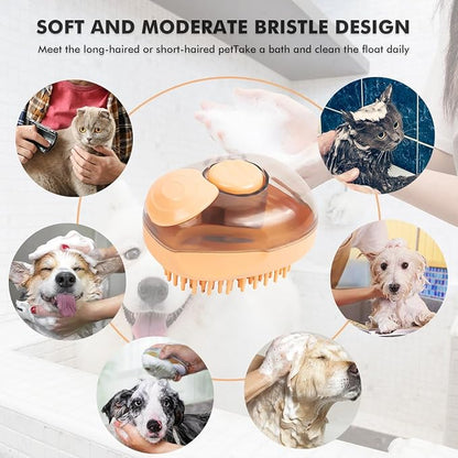 Pet Bath Scrubber with Shampoo Dispenser – Washing & Grooming Tool for Cats and Dogs, Removes Loose Fur for Long/Short Hair (Orange)