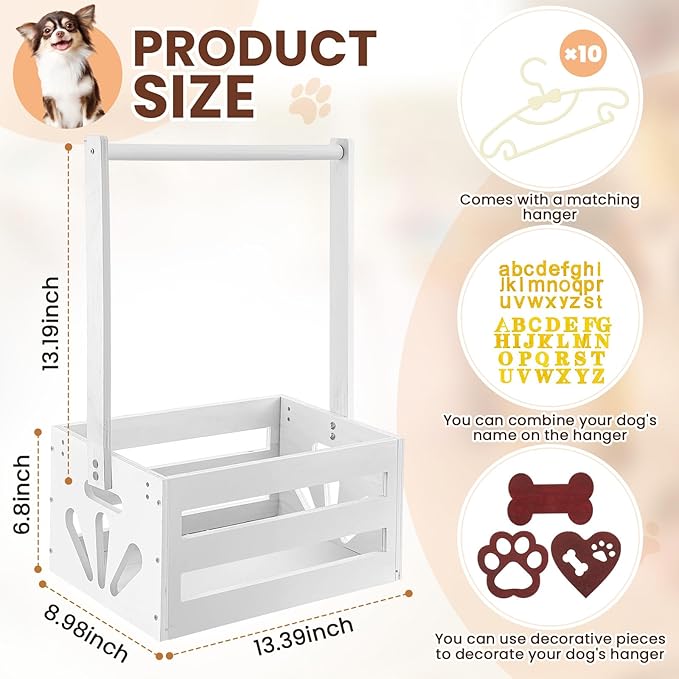 20" x 13" x 9" Wooden Pet Wardrobe Closet Crate Box with Hanging Rods and Personalized Pet Alphabet Letters Easy Assembly Baskets for Dog Cat Toys Clothes Accessories (White)