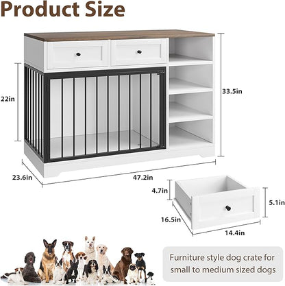 Dog Crate Furniture 47”, Large Dog Crate TV Stand with 2 Drawers and 4 Shelves, Wooden Dog Kennel Indoor, Decorative Dog Cage with Storage for Large Dogs, White
