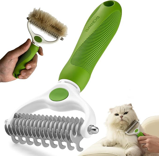 Pet Grooming Brush- Double Sided Dematting and Deshedding Undercoat Rake Brush for Dogs and Cats, Green