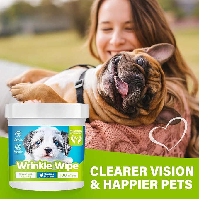 Wrinkle Wipes French Bulldog, Natural Ingredients Dog Face Wipes Dog Wipes for English Bulldog Cleaning & Soothes on Wrinkles, Folds, Tail Pockets