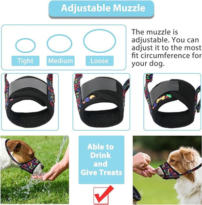 LUCKYPAW Dog Muzzle, Soft Dog Muzzles for Small Medium Large Dogs, Breathable Muzzles to Stop Biting and Chewing with Pattern, Allows Panting and Drinking (S-(Snout 4¾"-6"), Black Bone)