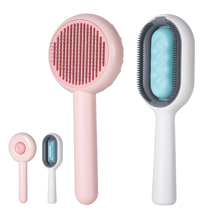 Kiniza 2 Pcs Pet Brush, Dog Cat Hair Cleaner Massage Brushes Grooming Removal with Water Tank Wet Comb Pink White
