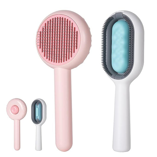 Kiniza 2 Pcs Pet Brush, Dog Cat Hair Cleaner Massage Brushes Grooming Removal with Water Tank Wet Comb Pink White