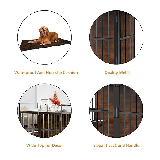 41 Inch Furniture Style Large Dog Crate with 360° & Adjustable Raised Feeder for Dogs 2 Stainless Steel Bowls -End Table House Pad, Indoor Use Brown