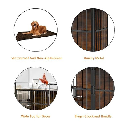 41 Inch Furniture Style Large Dog Crate with 360° & Adjustable Raised Feeder for Dogs 2 Stainless Steel Bowls -End Table House Pad, Indoor Use Brown