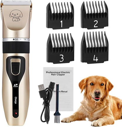 Pilarmuture Dog Grooming Clippers, Dog Hair Clipper with 4 Guard Combs, Low Noise Rechargeable Electric Cat Shaver Shears Tools for All Pets, Dog Trimmer for Grooming, Dog Shaver, Gold