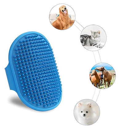 JASLAH 3 Sets with Comb, Pet Grooming Bath Brush Soft Silicone Bristle for Long Short Haired Dogs and Cats Shower, Bath Brush Soothing Massage Rubber Comb with Adjustable Ring Handle, Blue