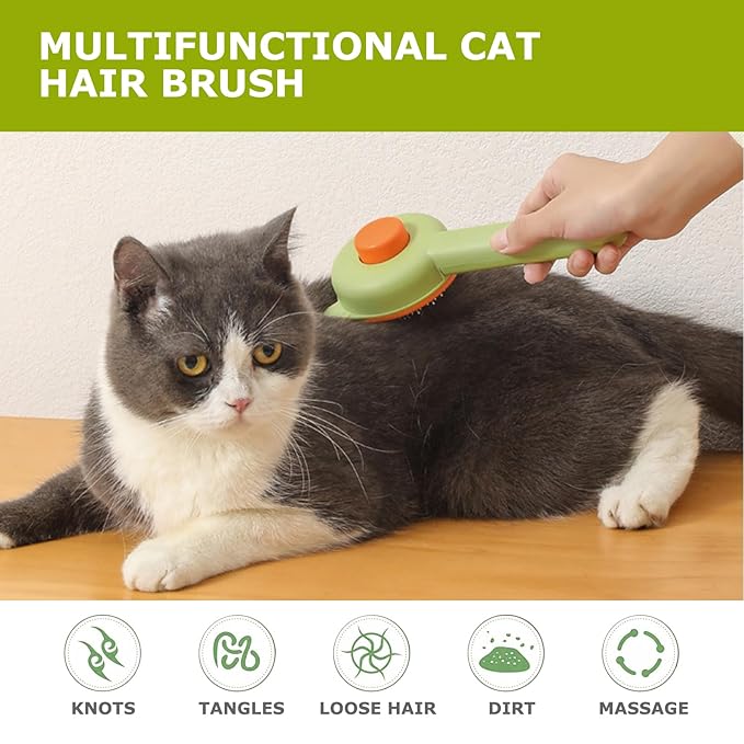Pet Grooming Brush Kit for Cat and Dog, Hair Massage Cleaner with Release Button, 2 Flea Combs for Shedding Removing Tangles Loose Fur Self Cleaning Accessories, Green(3 Pieces Set)