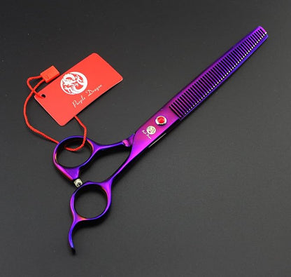 Purple Dragon 8 inch 3 in 1 Professional Pet Grooming Thinning Scissors - Upward Curved Shears and Dog Hair Cutting Scissor - Perfect for Pet Groomer or Family DIY Use (Purple)