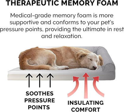 Furhaven Memory Foam Dog Bed for Medium/Small Dogs w/ Removable Bolsters & Washable Cover, For Dogs Up to 35 lbs - Pinsonic Quilted Paw L Shaped Chaise - Titanium, Medium