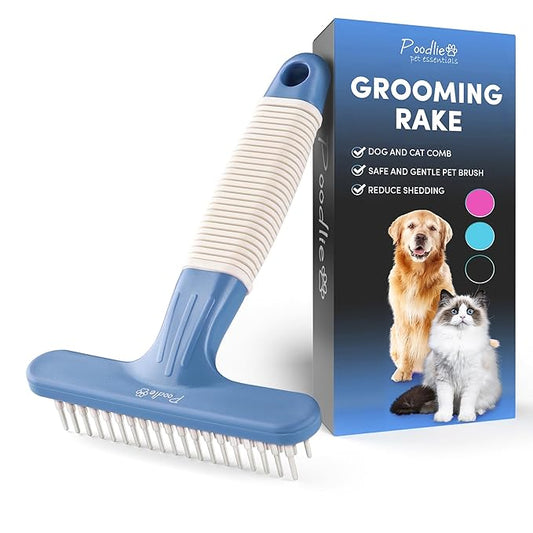 POODLIE Poodle Pet Dog Grooming Rake | Dematting Tool with Stainless Steel Shedding Comb for Pets | 2 Rows of Pins Gently Remove Loose or Tangled Hair from Undercoat (Blue)