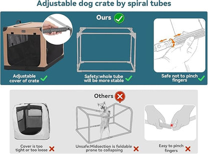 PETSFIT Portable Dog Crate, Soft Sided Dog Crate - 26 Inch Lightweight, Easy Setup, Sturdy Dog Travel Crate, Adjustable Framework with 3 Mesh Door, Collapsible Dog Kennel Khaki