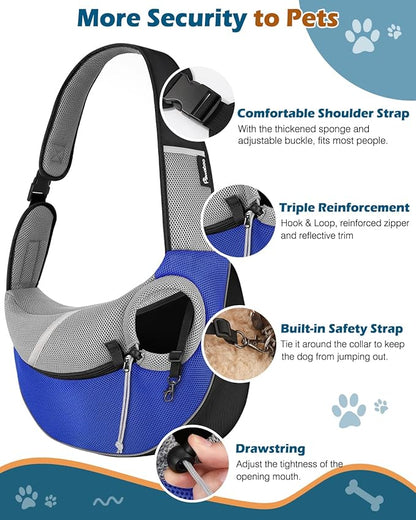 Pawaboo Dog Sling Carrier, Dog Papoose with Zipper Touch Pocket, Hand Free Breathable Mesh Puppy Carrier, Crossbody Satchel Dog Purse with Adjustable Strap for Outdoor Travel, Blue, Medium