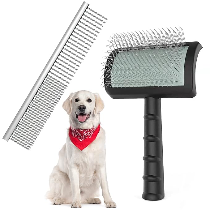 Large Slicker Brush & Pet Comb Value Kit, Extra Long Pin Dog Grooming Wire Brush and Deshedding, Removes Long and loose Hair & Undercoat, Black-comb, Hair Type: Curly, Unisex