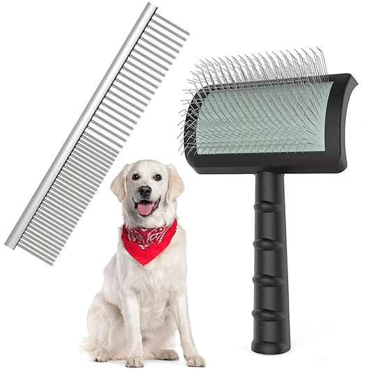 Large Slicker Brush & Pet Comb Value Kit, Extra Long Pin Dog Grooming Wire Brush and Deshedding, Removes Long and loose Hair & Undercoat, Black-comb, Hair Type: Curly, Unisex