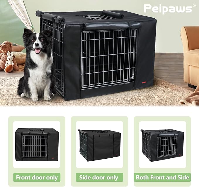 Dog Crate Cover 42 Inch - Waterproof Kennel Cover with Top Window, 600D Oxford Fabric Dog Cage Cover Fit for Most Double Door Wire Crate, Unique Drinking Hole Design, Black (Cover Only)
