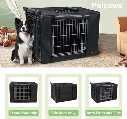 Dog Crate Cover 42 Inch - Waterproof Kennel Cover with Top Window, 600D Oxford Fabric Dog Cage Cover Fit for Most Double Door Wire Crate, Unique Drinking Hole Design, Black (Cover Only)