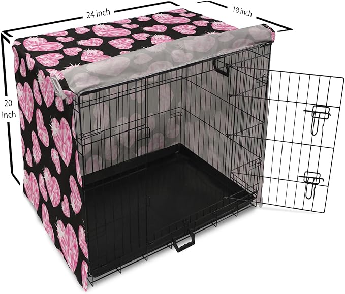 Ambesonne Diamonds Dog Crate Cover, Romantic Pink Heart Stones on Black Background Valentines Day Theme, Easy to Use Pet Kennel Cover for Cats & Medium Dogs, 24 Inch, Pink Black